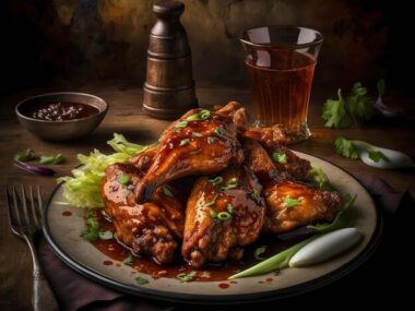 A plate of food with a glass of beer and a plate of chicken wings.