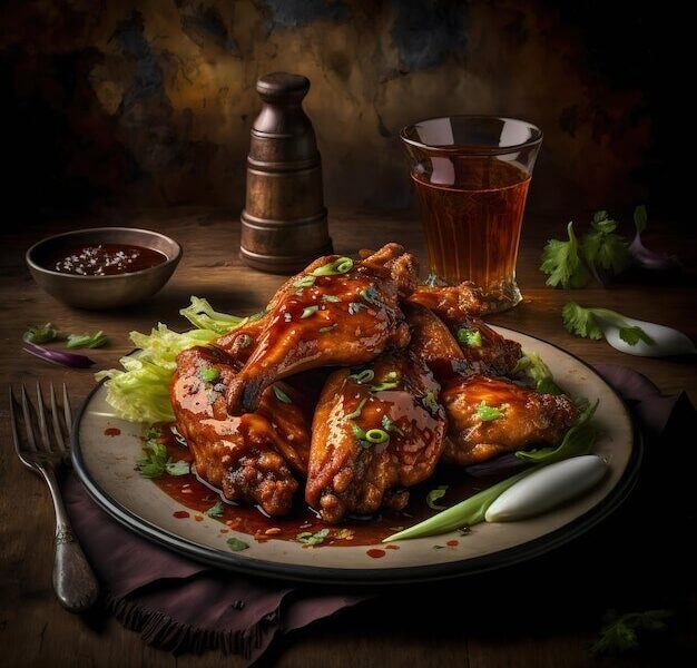 A plate of food with a glass of beer and a plate of chicken wings.