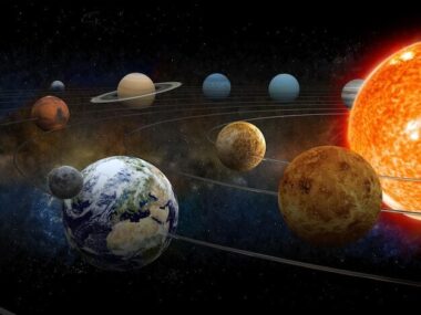 The sun and nine planets of our system orbiting Clipping path included for the foreground objects