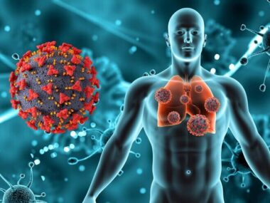 3D render of a medical background with male figure and lungs and Covid 19 virus cells