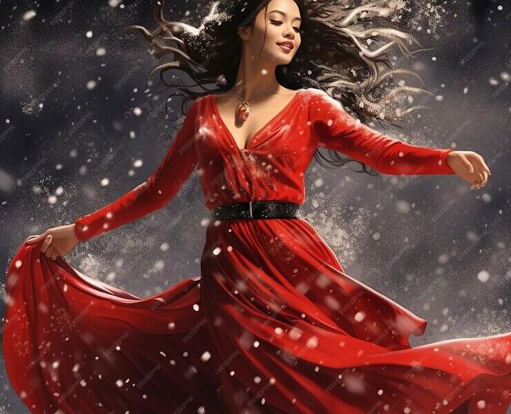 3D rendered ultra realistic illustration of full body portrait of a model in full red dress