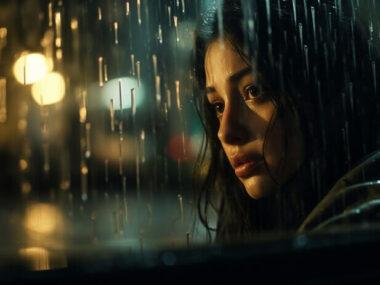 Depressed woman looking at rain