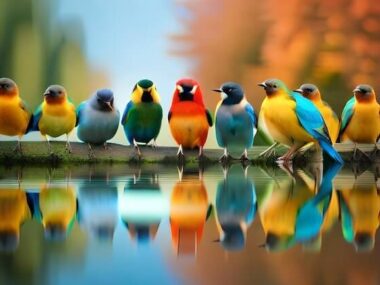 A group of colorful birds are standing on a log.