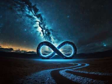 Illuminated by blue light infinity sign depicted in dark sky