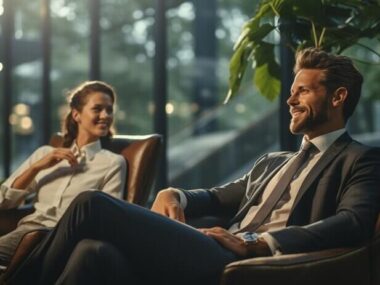 Businessman sitting at a coffee table in the lobby High quality photo