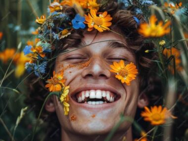 Ecstatic young man with flowers on his face