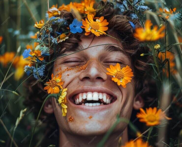 Ecstatic young man with flowers on his face