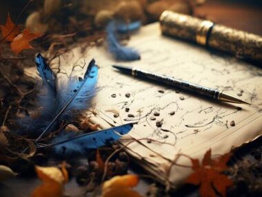 Ink pen gliding on spattered aged paper capturing stories of time