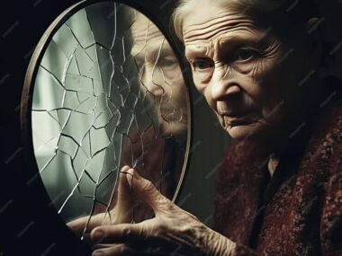 Portrait of an elderly woman with a broken mirror Photo in old image style