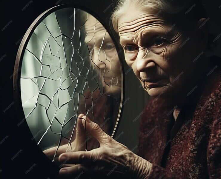 Portrait of an elderly woman with a broken mirror Photo in old image style