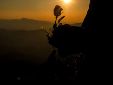 Silhouette of couple holding rose on hill at the sunset time skyline on background