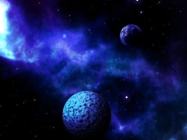 3D space scene with fictional planets