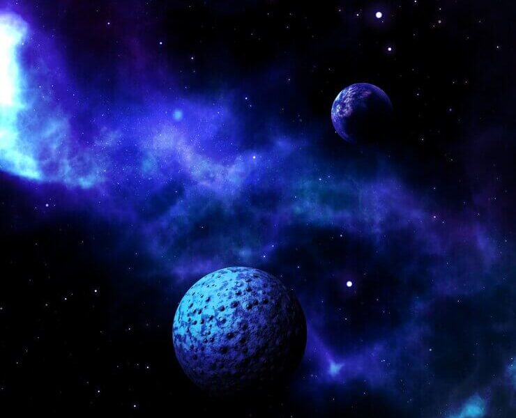 3D space scene with fictional planets