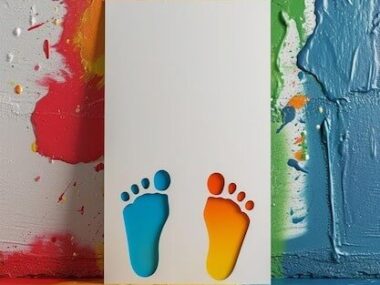 A 3D postcard with minimal Holi colorful footprints leading towards one corner