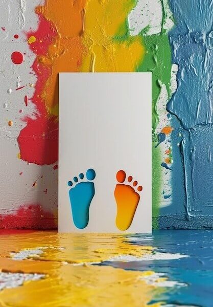 A 3D postcard with minimal Holi colorful footprints leading towards one corner