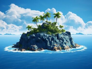 Beautiful small island covered with trees in the middle of the ocean under the clear blue sky