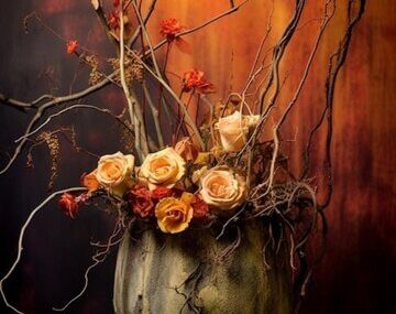 Halloween inspiration Autumn still life pumpkin dry roses viburnum honey cake in a v Generative AI