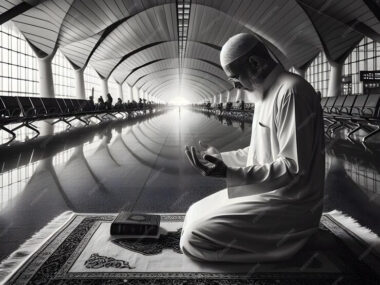 Muslim Man Praying on a Traditional Rug in a Modern Airport Terminal at Sunrise