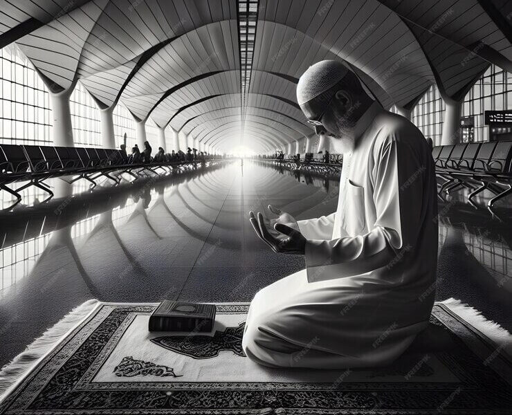 Muslim Man Praying on a Traditional Rug in a Modern Airport Terminal at Sunrise
