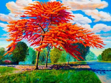 Oil painting landscape original red orange color of Peacock flowers in the morning. Hand painted, blue sky cloud background,beauty nature summery season,illustration