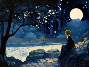 A painting of a woman sitting on a rock overlooking a lake with a full moon in the background