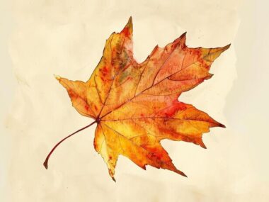 A watercolor painting of a single autumn leaf in warm colors The leaf is detailed and realistic with a visible vein structure