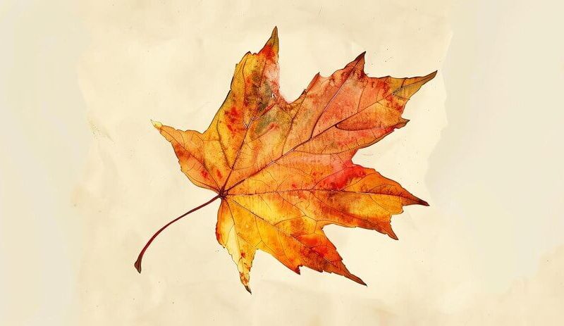 A watercolor painting of a single autumn leaf in warm colors The leaf is detailed and realistic with a visible vein structure