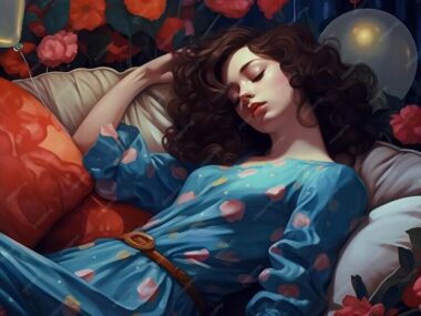 A woman in a blue dress is sleeping in a bed with a red pillow and a flowered pillow.