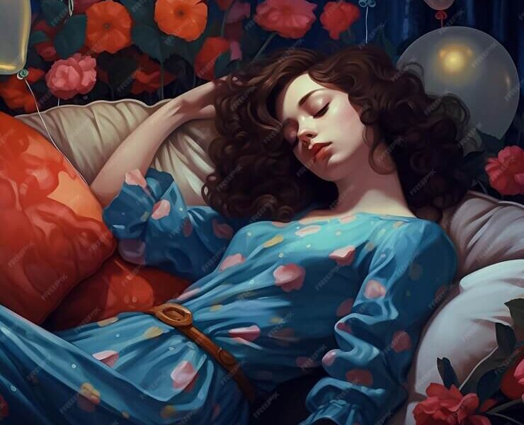 A woman in a blue dress is sleeping in a bed with a red pillow and a flowered pillow.