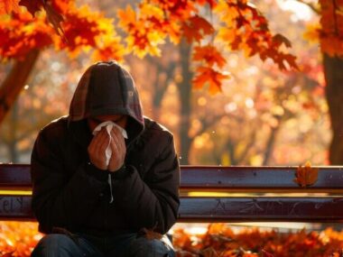 Adult blowing their snot in a tissue