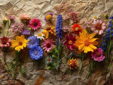 Dried flowers on torn paper