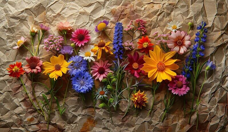 Dried flowers on torn paper