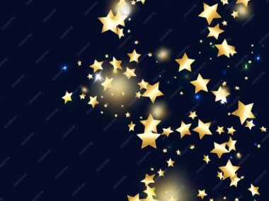 Gold star confetti on black background. Flying shiny sparkle shower. Holiday vector colorful confetti. Sparkle bright decoration backdrop. Surprise card template