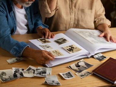 People looking over picture album