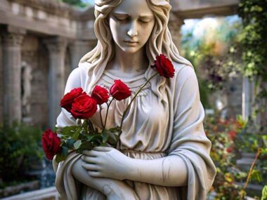 Female statue holing red roses in hands