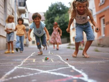 Children playing in the street in the 1980s Chalk drawn games on the road Neighborhood games