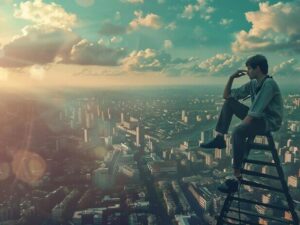 A man sits on a ledge overlooking a city and the sky is blue