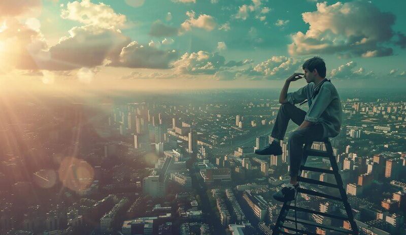 A man sits on a ledge overlooking a city and the sky is blue