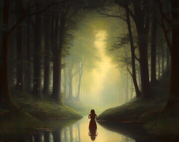 A painting of a woman in a forest with a reflection of trees in the water