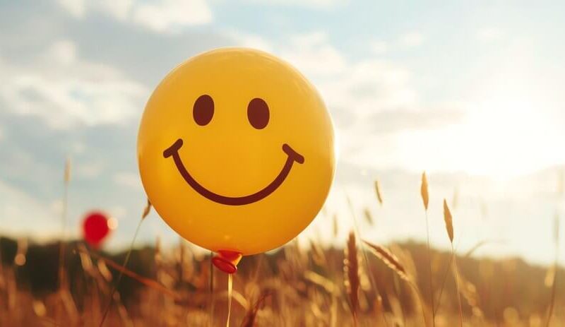 A yellow smiley face balloon floats in a field of tall grass with the sun shining brightly in the background