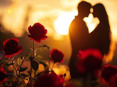 Romantic Sunset with Red Roses and Couple in Love