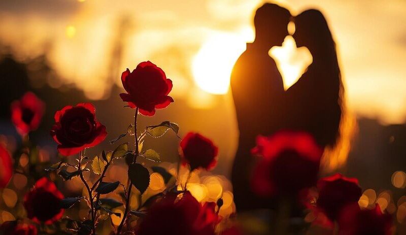 Romantic Sunset with Red Roses and Couple in Love