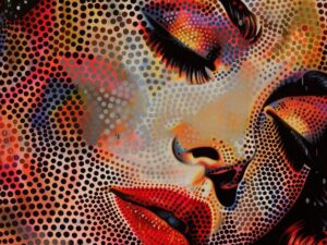 A womans face is painted with dots and red lips