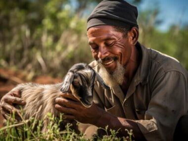 Farmer taking care of photorealistic goat farm