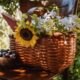 Picnic Basket with Flowers on Table