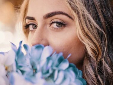 Woman With Blue flowers and Brown Hair