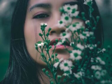 Woman Covered White and Green Flower