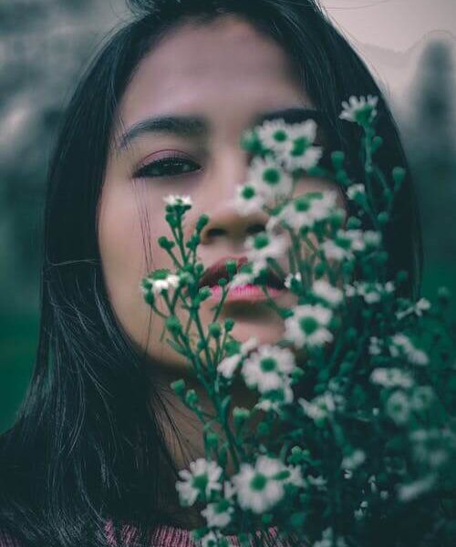 Woman Covered White and Green Flower