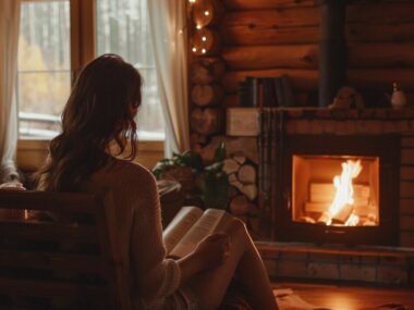 A woman reading book beside the fireplace