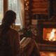 A woman reading book beside the fireplace